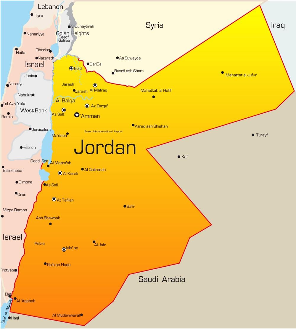 מפה של ירדן במזרח התיכון.
